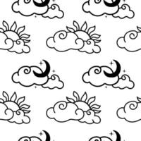 A seamless pattern of a cloud with the sun and a cloud with the moon and stars, drawn elements in a doodle style. Nature phenomenon. Day. Night. Time. Nature. Little curly clouds. Cute vector