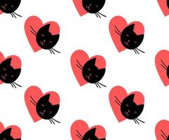 Cute black cat with red heart. Funny seamless pattern vector