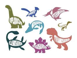 Set of colorful silhouettes of dinosaurs with lettering. vector illustration.