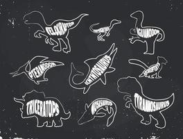 A set of chalk outlines of white dinosaurs with inscriptions on a chalkboard background. Vector illustration