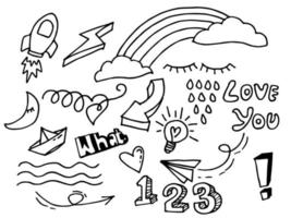 Hand drawn of doodle set. design element for concept design. cloud, rainbow, arrow 3d, eyes, line, number, rocket. isolated on white background. vector illustration