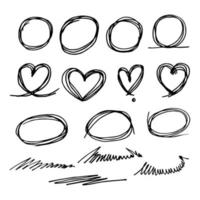 Hand drawn of doodle  lines, heart line, circular scribble. doodle round circles for message note mark design element. isolated on white background vector