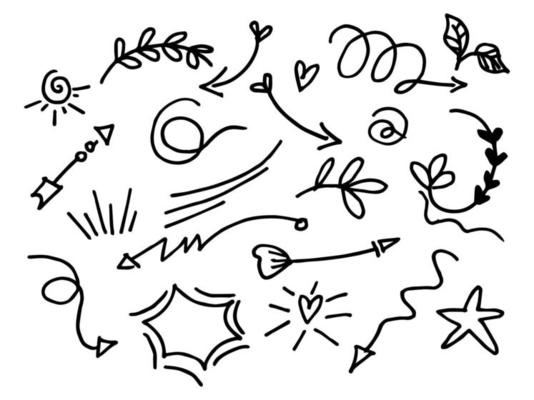 set of doodle design element. emphasis doodles, curly swishes, swoops, swirl, heart, love, crown, flower, leaf, star, firework, arrow, highlight tex. for concept design