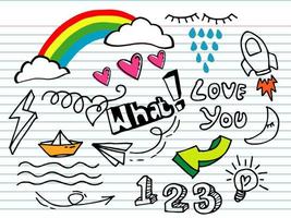 Hand drawn of doodle set. design element for concept design. cloud, rainbow, arrow 3d, eyes, line, number, rocket. with colors. vector illustration