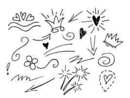 hand drawn design element set. swishes, swoops, swirl, arrow, heart, love, crown, flower, highlight text and emphasis element, black on white background, use for concept design vector