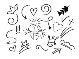 set of doodle design element. emphasis doodles, curly swishes, swoops, swirl, heart, love, crown, flower, leaf, star, firework, arrow, highlight tex. for concept design vector
