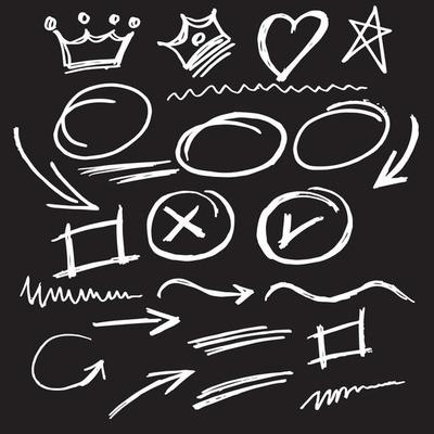 hand drawn set. arrow, line swash. Emphasis text highlighters, crown, star, scribble, hand drawn brush stroke, calligraphy underline