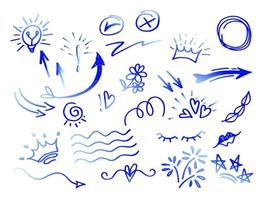 hand drawn design element set. swishes, swoops, swirl, heart, love, crown, flower, highlight text and emphasis element, blue on white background, use for concept design vector