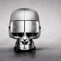 Chromed robot head looking at a human photo