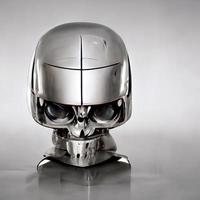 Chromed robot head looking at a human photo