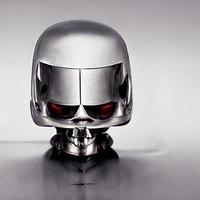 Chromed robot head looking at a human photo