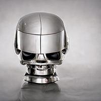 Chromed robot head looking at a human photo