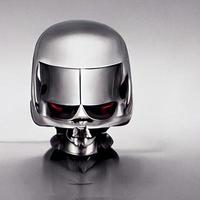 Chromed robot head looking at a human photo