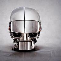 Chromed robot head looking at a human photo