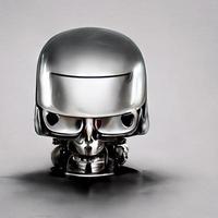 Chromed robot head looking at a human photo