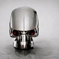 Chromed robot head looking at a human photo