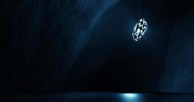 abstract background using sci fi environment illustration in diagonal cave and there are blue lights, shiny water surface in cave, 3d rendering and 4K size photo