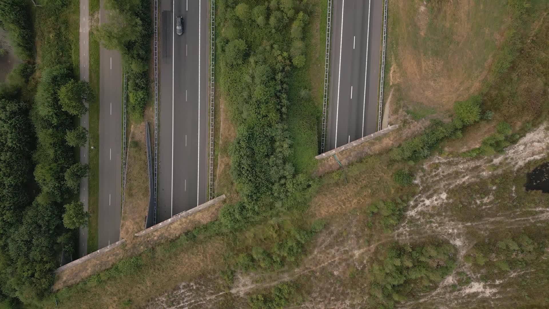 Aerial view of parallel highway roads in a grassy landscape 11871289