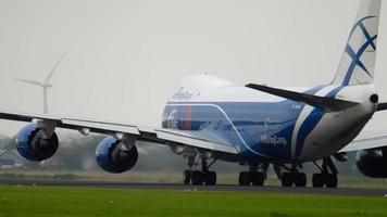 AMSTERDAM, THE NETHERLANDS JULY 25, 2017 - AirBridgeCargo Boeing 747 VQ BFE accelerate before departure at Polderbaan 36L, Shiphol Airport, Amsterdam, Holland video