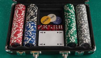 A close-up shot of an open poker case on a green board. photo