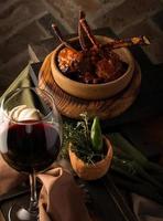 A vertical shot of a tomahawk steak photo