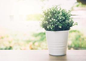 Beautiful artificial bush tree in pots ceramic on wooden table nature background, plastic tree and foliage, plant leaf fake with imitation for decorate home, closeup object. photo