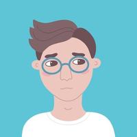 Portrait of young unsmiling guy in glasses. Thoughtful teenager looks sideways. Vector cartoon person with a pensive face expression on a blue background. Hand drawn avatar for social network.