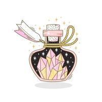 Hand drawn bottle with magic potion in fantasy style on white background. Doodle vector illustration of vial with scary occult objects like crystals and rope tied tag.