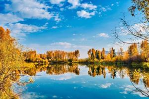 A beautiful reflection of Autumn colors on a lake in the Teton mountain range photo