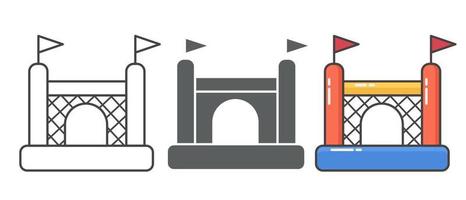 Juego de castillo inflable hinchable. torre y equipamiento para zona de juegos infantil. signo de la casa de salto. silueta de glifo, contorno e icono de vector de color