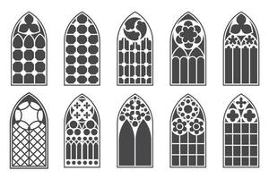 Church medieval windows set. Old gothic style architecture elements. Vector glyph illustration on white background.