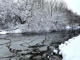 Winter landscape. Frozen river traces of ducks. Ducks on a winter lake photo