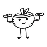 Cute apple with dumbbells. Sports, hobbies, exercise. Doodle style. Vector apple in kawaii style. Sports healthy apple. The concept of doing sports.