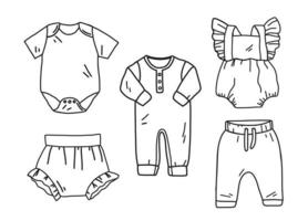 conjunto de ropa de bebé. mameluco, cubre pañal, mameluco, body, pantalón para infantes. ilustración de vector de arte de línea