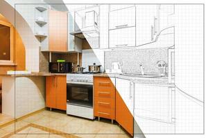 interior de la moderna cocina de lujo en apartamentos tipo estudio de estilo minimalista con color naranja foto