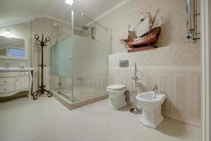 toilet and detail of a corner shower cabin with wall mount shower attachment photo