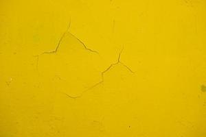 old wall painted with yellow paint with cracks and bubbles photo