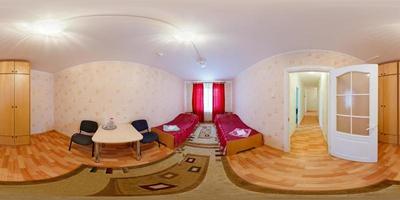 seamless 360 panorama in interior of bedroom of cheap hostel,  flat or apartments with chairs and table in equirectangular projection with zenith and nadir. VR AR content photo