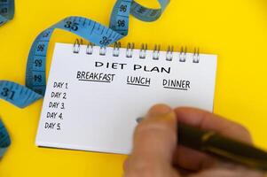 plan de dieta en el bloc de notas blanco con cinta métrica azul sobre fondo amarillo. concepto de salud y dieta foto