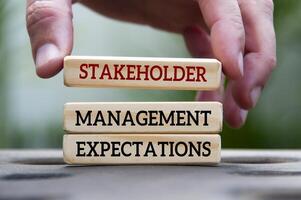 Hand holding wooden block with text - stakeholder management and expectations. Business relationship concept photo