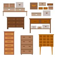 conjunto de muebles de madera modernos para oficina en casa o dormitorio, sala de estar. cómoda, armarios, estanterías y cajas de almacenamiento aisladas en fondo blanco vector