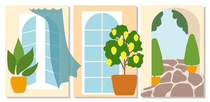 Set of abstract summer posters for room, minimalistic design. Italian mood, windows, lemon tree, boxtree, archway. Vector illustration for interior prints, wall art, greeting cards
