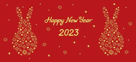 New Year 2023 Greeting Card with Rabbit Silhouette. Snowflakes and Stars Hare Shape Hand Drawn Doodle Background. Winter banner template for web and print vector