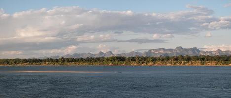 A large panoramic photograph depicting the legendary color of the once-blue Mekong River, with a sandy beach in the middle, with the mountains of Laos in the background. photo