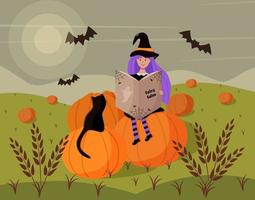 una niña disfrazada de bruja está sentada en una calabaza con un gato y un libro. escena de dibujos animados de halloween. ilustración vectorial de un campo de trigo con calabazas y murciélagos. vector