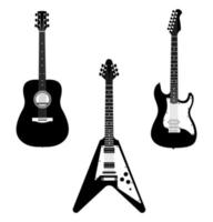 conjunto de siluetas de guitarra, guitarras eléctricas y acústicas, vector de instrumentos musicales de cuerda
