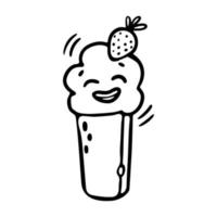 Kawaii Ice Cream with strawberry outline doodle cartoon Vector Illustration. Funny Character face with cheerful emotion for Coloring book