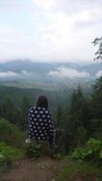mujer joven envuelta en una manta de lunares mira hacia un bosque de niebla video