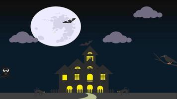animação noite escura fundo de halloween com abóboras casa assombrada e morcegos voando sobre a lua video