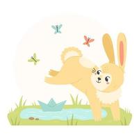 A happy rabbit is playing with a paper boat in a cartoon flat style. The bunny character jumps through a puddle. Vector spring illustration.